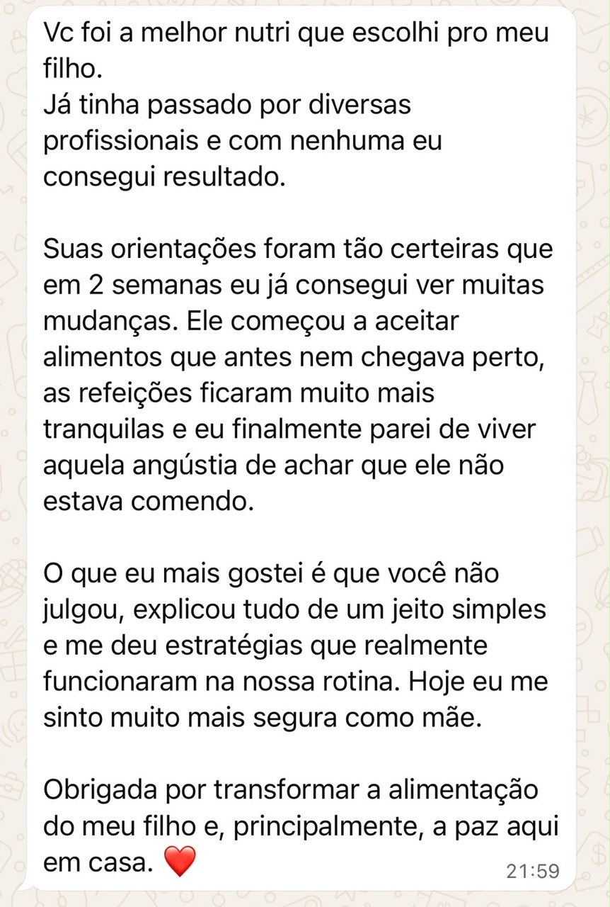 Mensagem de paciente agradecendo a Joyce: orientações certeiras, refeições mais tranquilas e mais segurança como mãe em pouco tempo